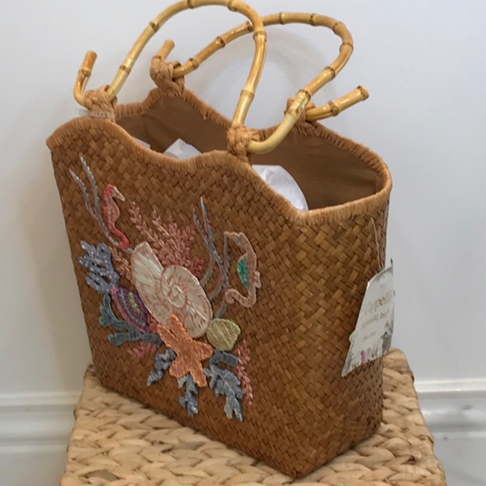 Cappelli Straw handbag nwt, summer beach bag, seashells, bamboo handles - Picture 2 of 13